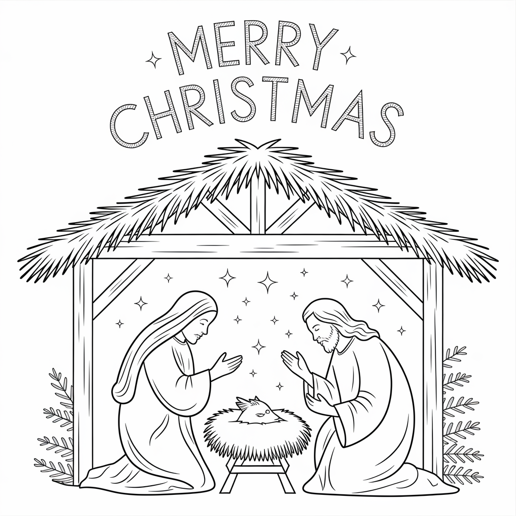 Nativity Scene Merry Christmas Coloring Pages Free Download