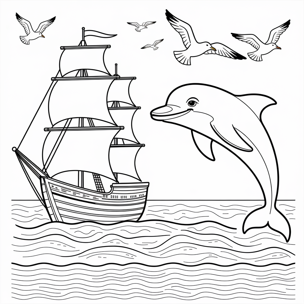 Dolphin and Ship Coloring Pages 