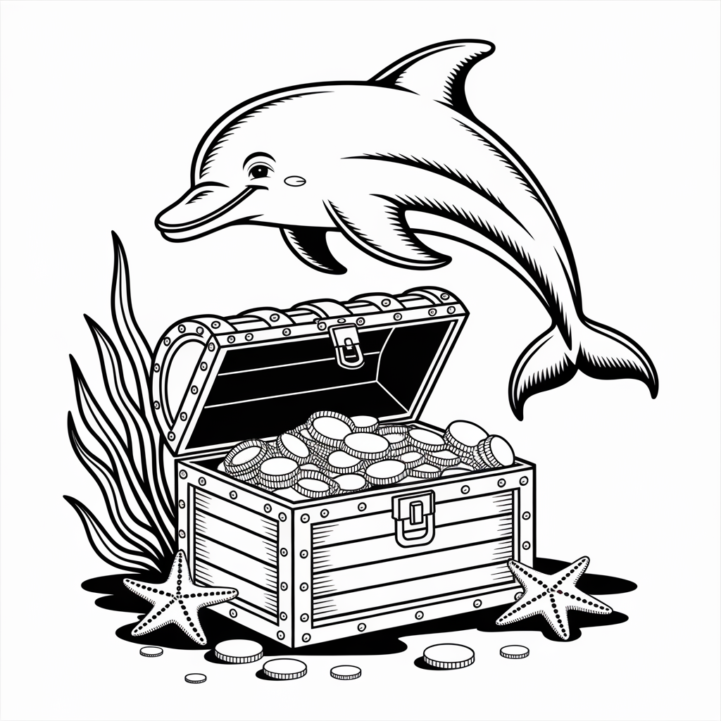 Dolphin and Treasure Chest Coloring Pages