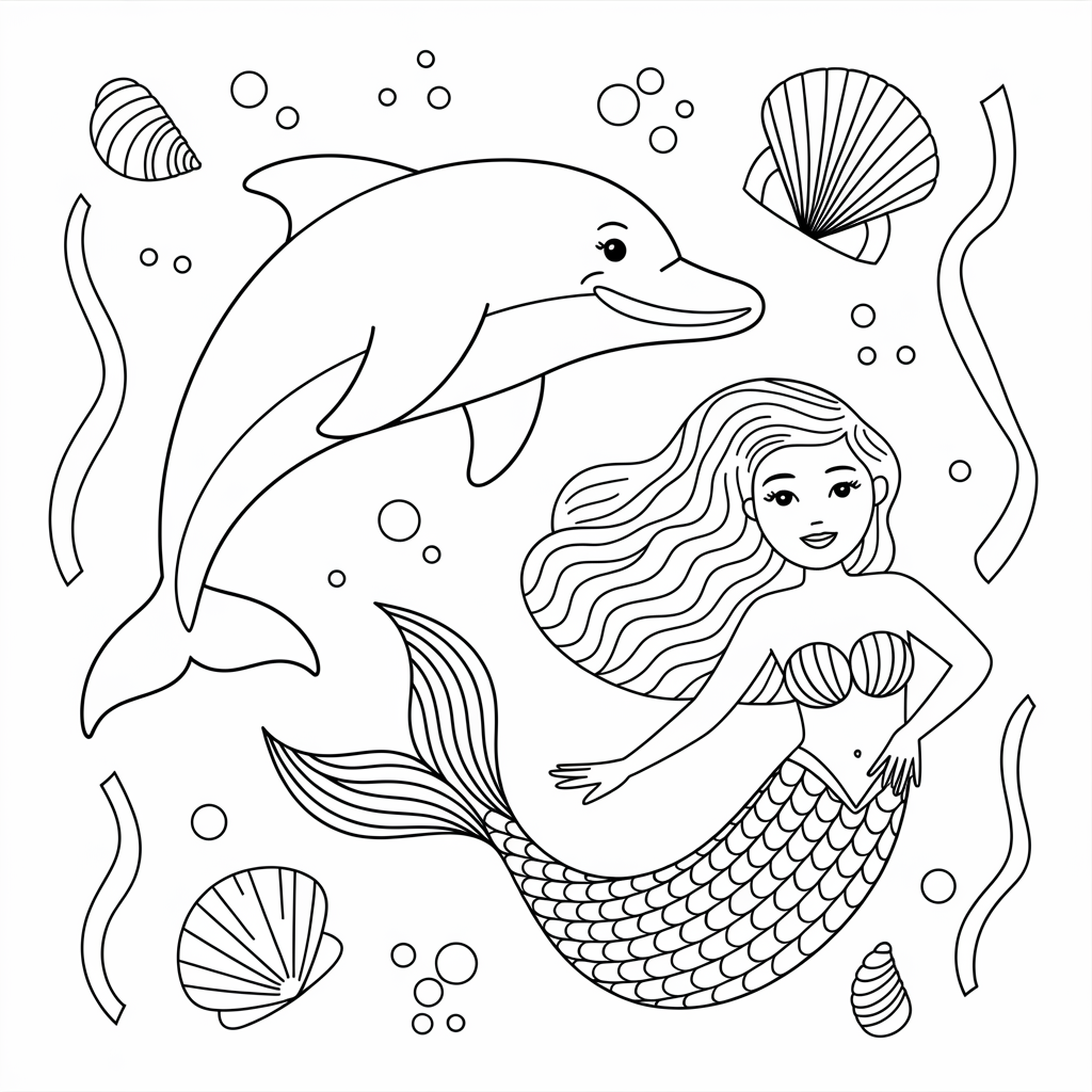 Dolphin and Mermaid Coloring Pages