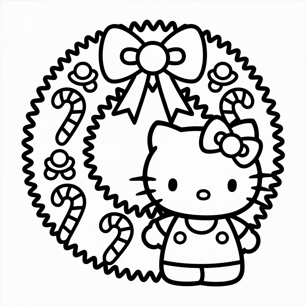 Hello Kitty Christmas Wreath and Candy Cane Coloring Page