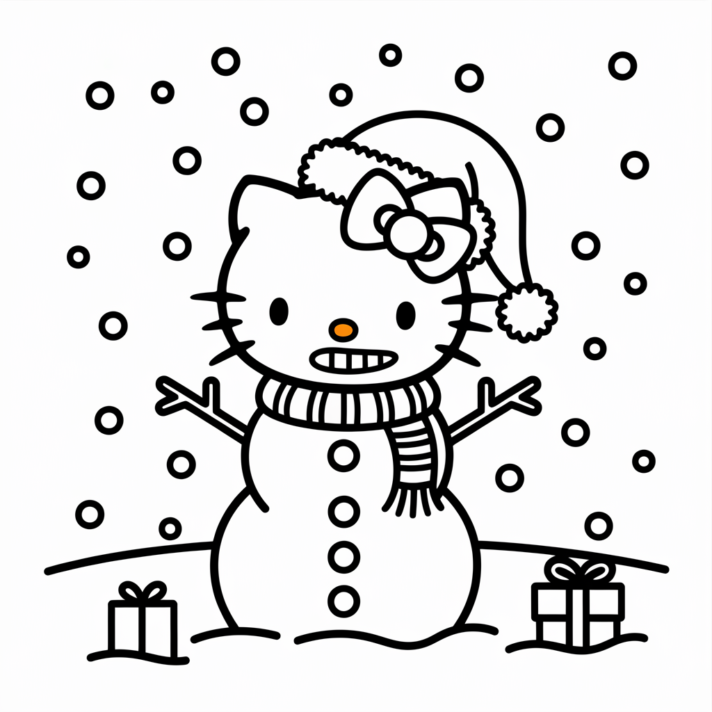 Snowman and Hello Kitty Christmas Coloring Pages to Print