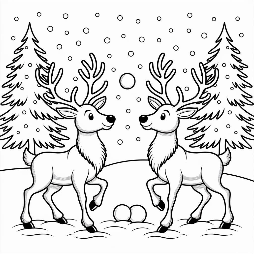Playful Reindeer Snowball Fight Christmas Coloring Page for Kids