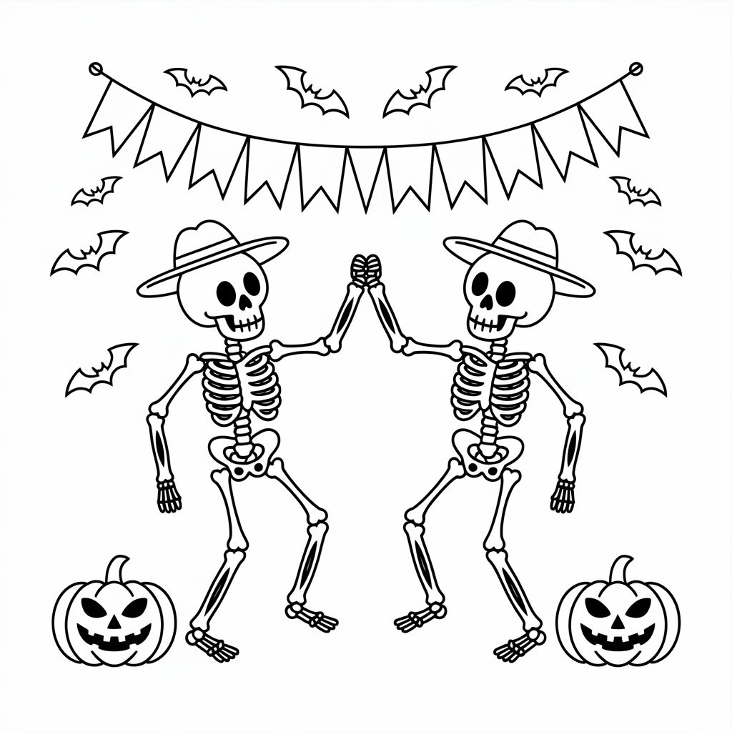 Cute Skeleton Dance Halloween Coloring Pages Free for Preschoolers