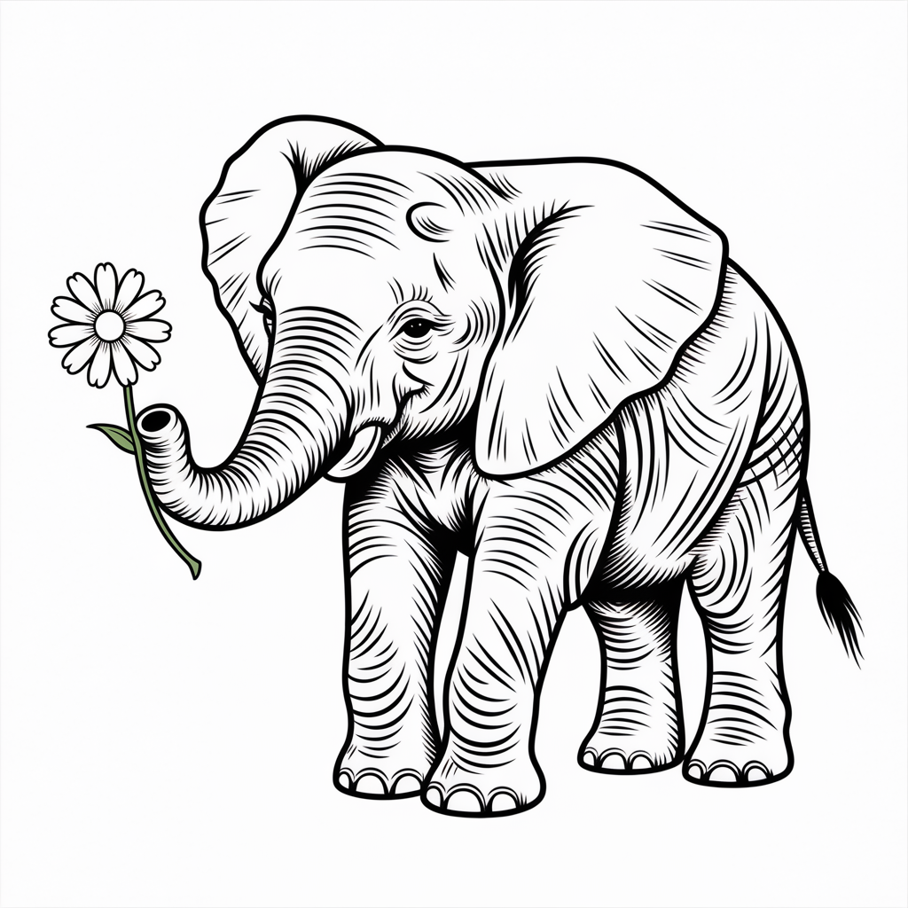 Baby Elephant Holding Flower Coloring Page