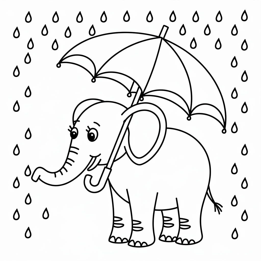 Cartoon Elephant with Umbrella Coloring Page