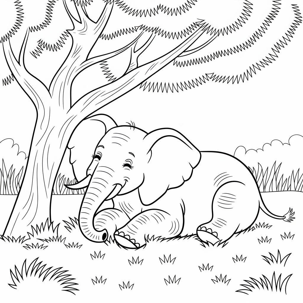 Elephant Resting Under Tree Coloring Sheet