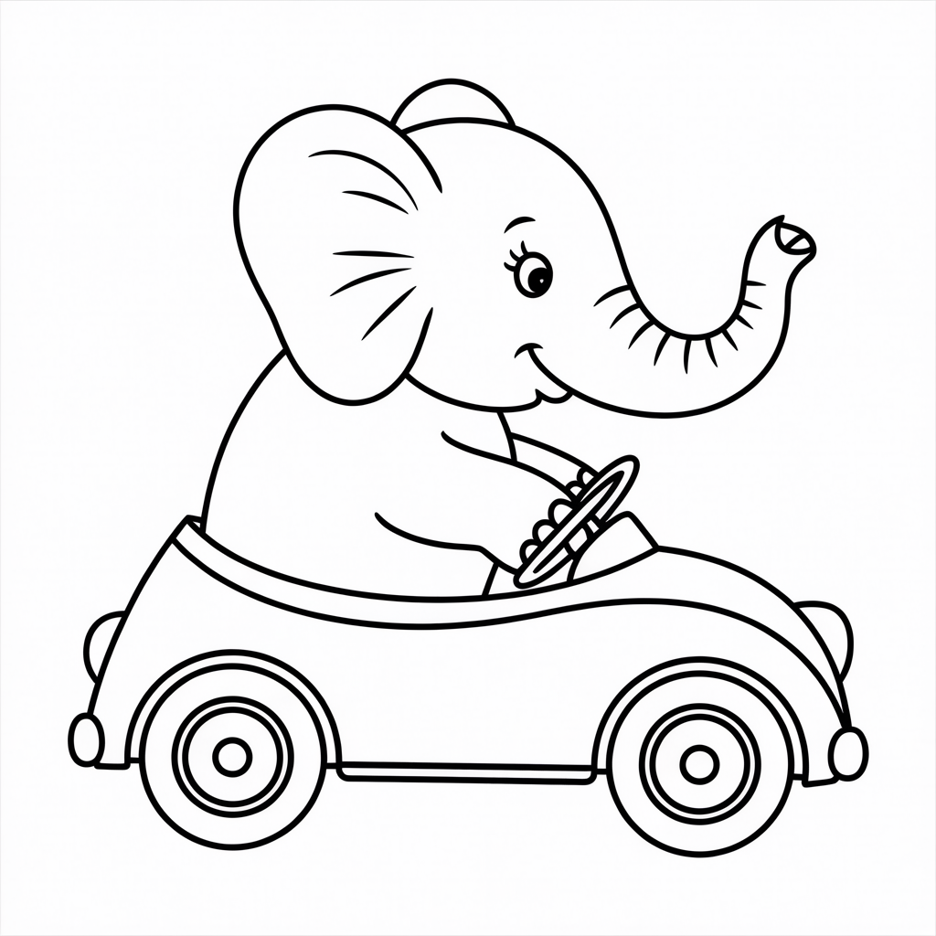 Cartoon Elephant Riding Toy Car Coloring Sheet for Kids