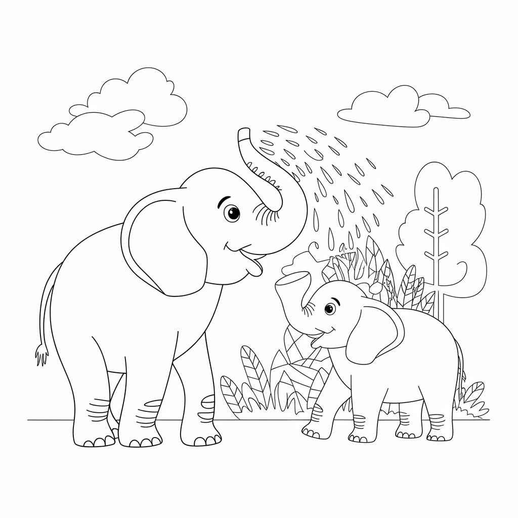 Elephant Spraying Water on Friend Coloring Sheet for Kids
