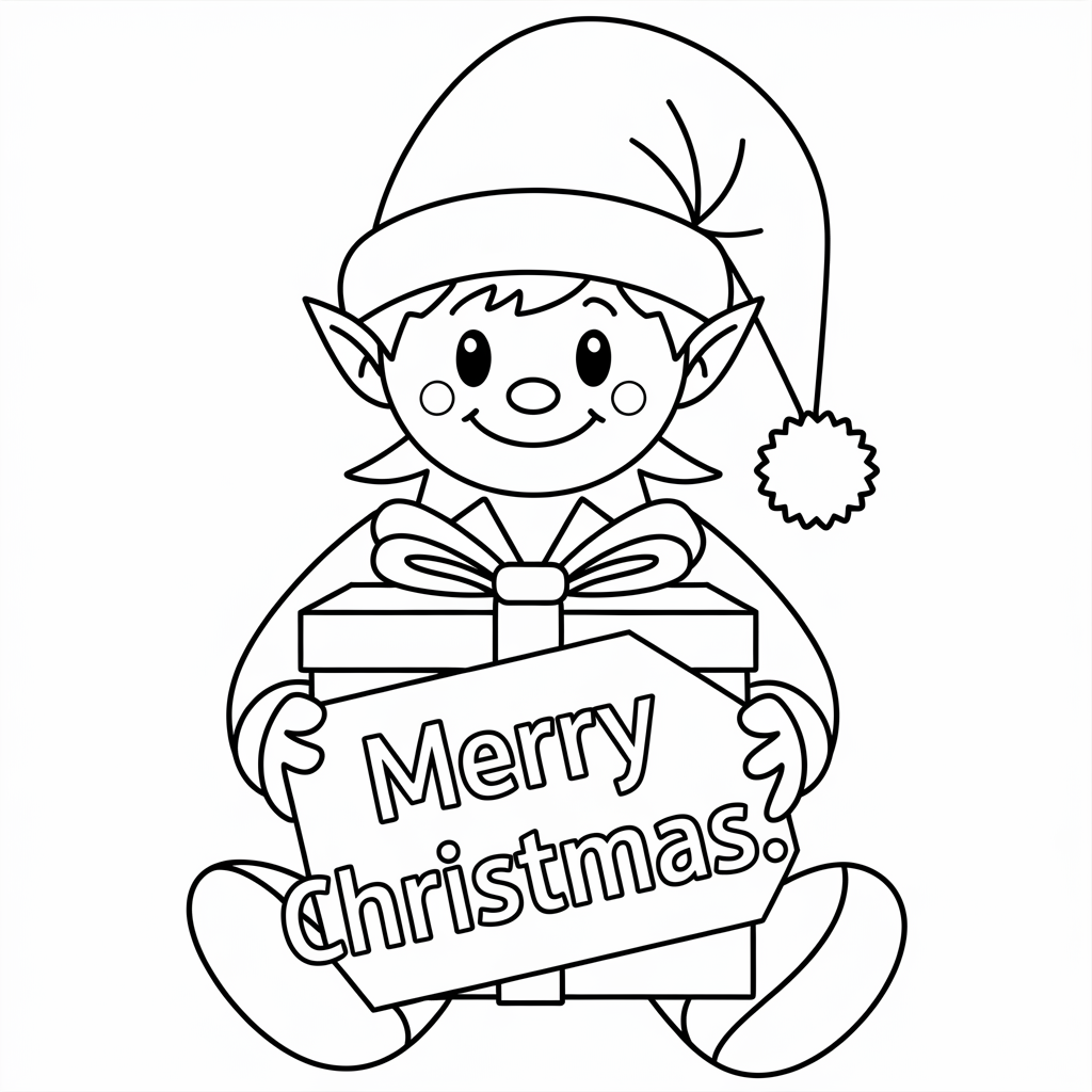 Cute Elf Merry Christmas Coloring Pages for Kids