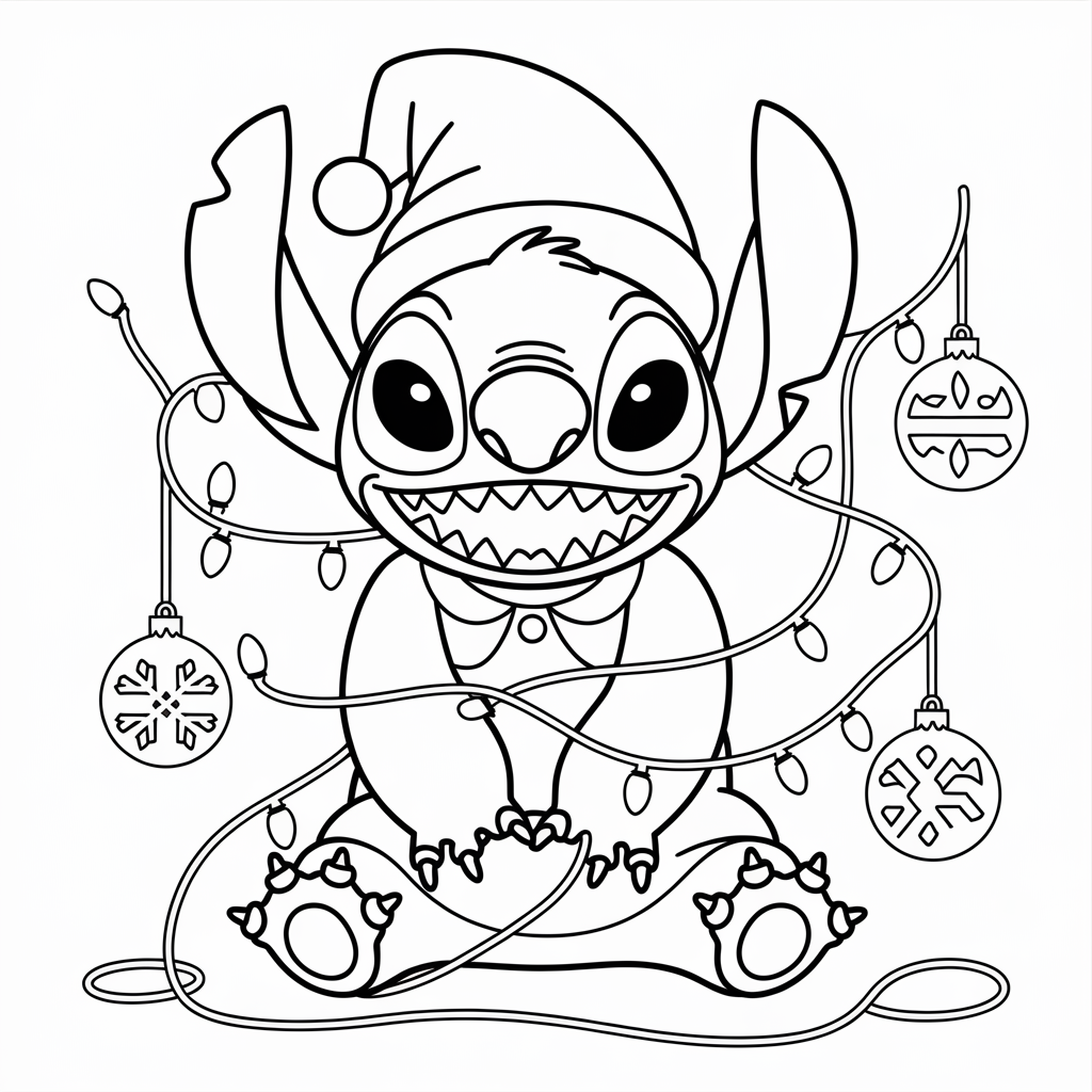 Cute Elf Stitch Tangled in Lights Christmas Coloring Page to Print