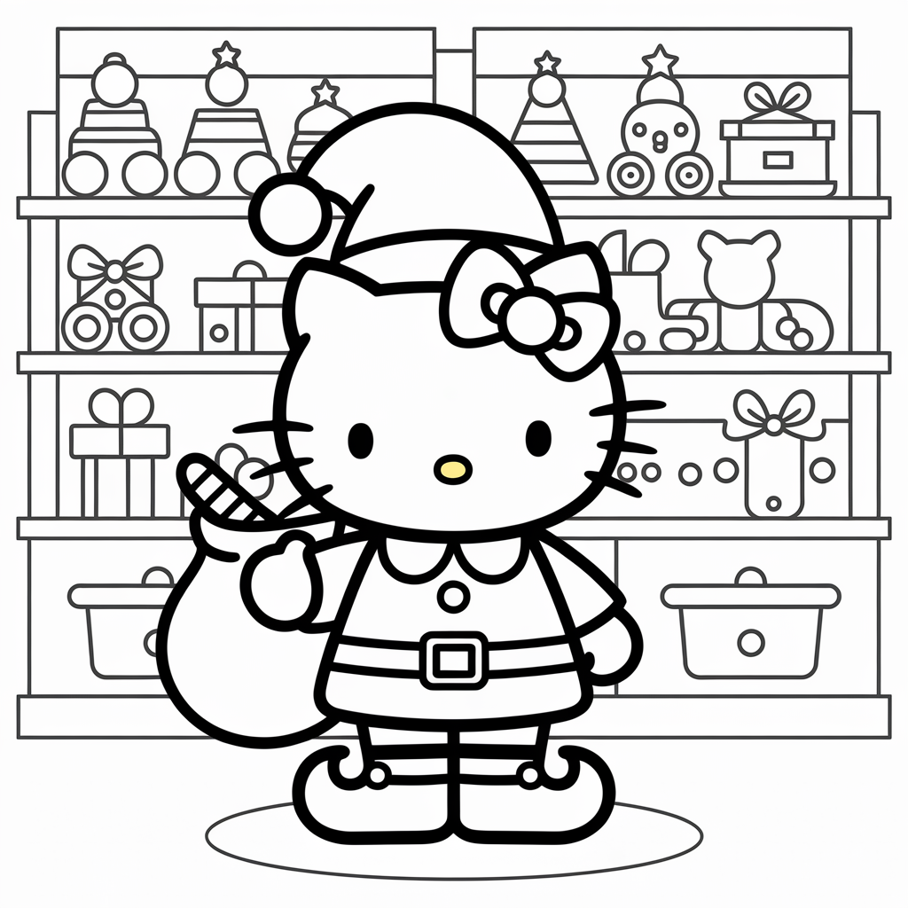 Santa’s Workshop Hello Kitty Christmas Coloring Sheet