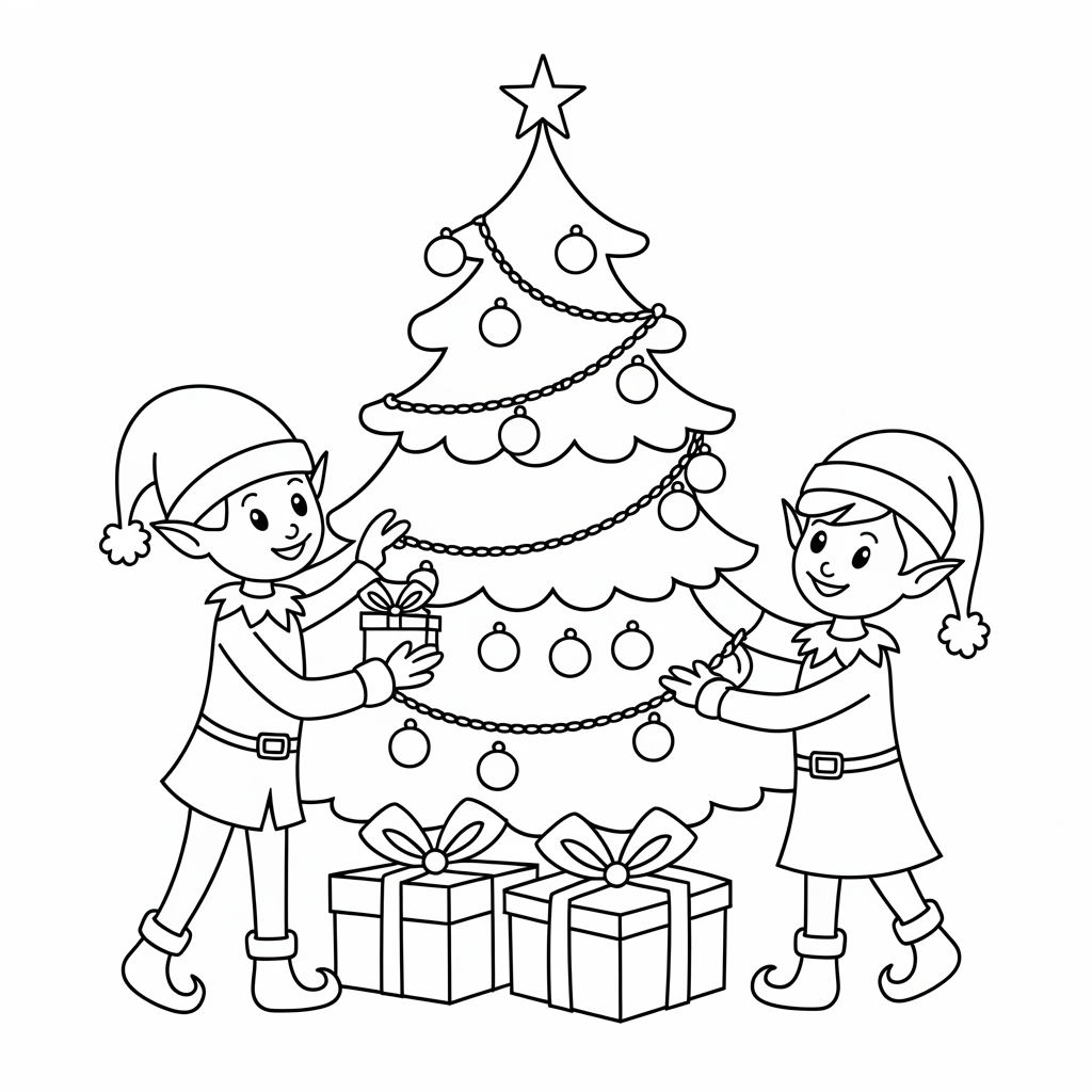 Elves Decorating Tree with Gifts