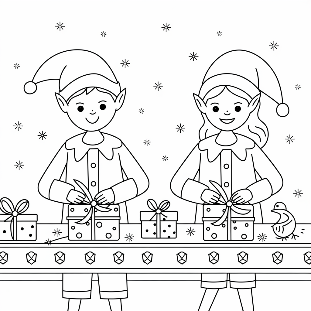 Santa’s Elves Wrapping Gifts Coloring Page – Fun Christmas Printable