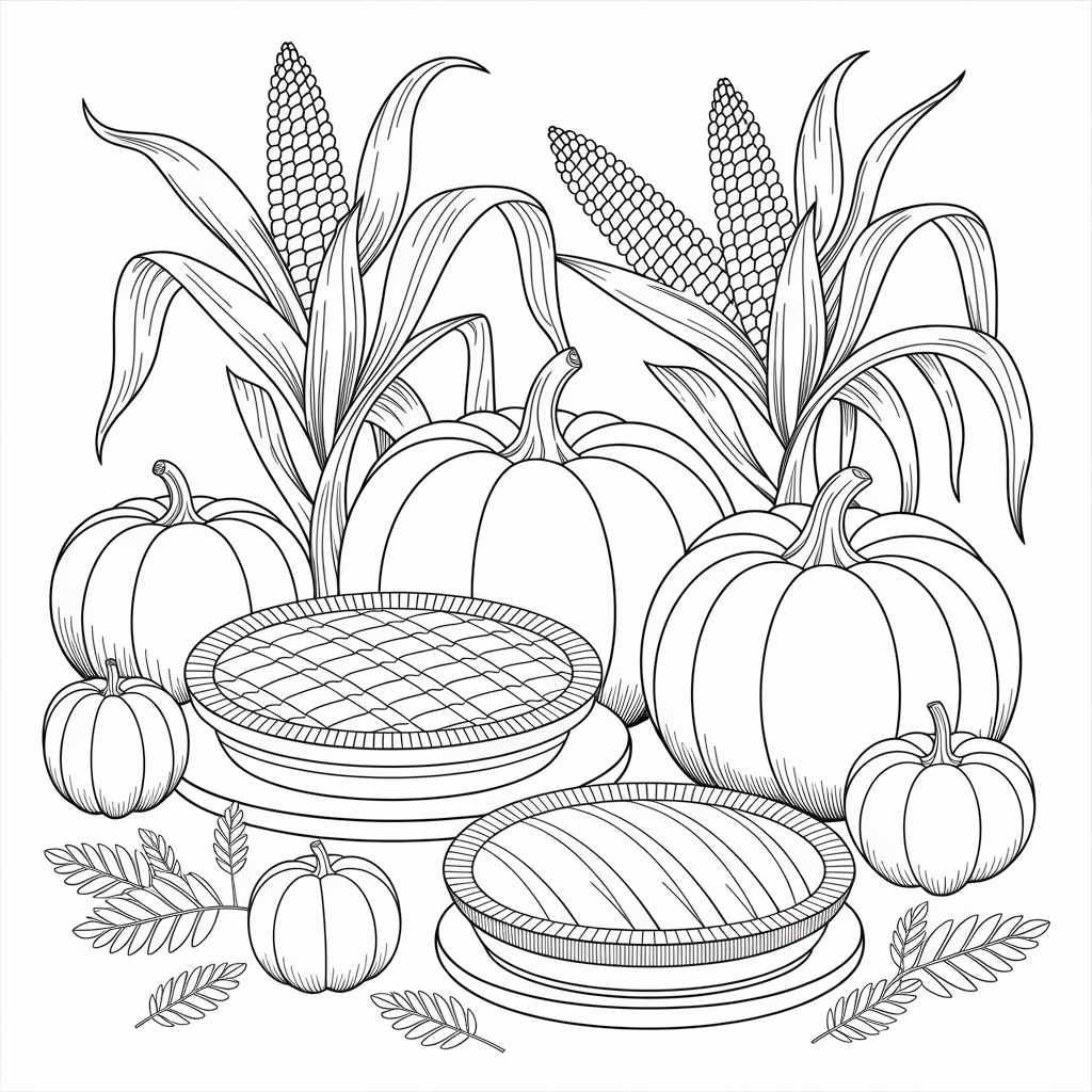 Harvest Table with Pies, Apples, and Corn