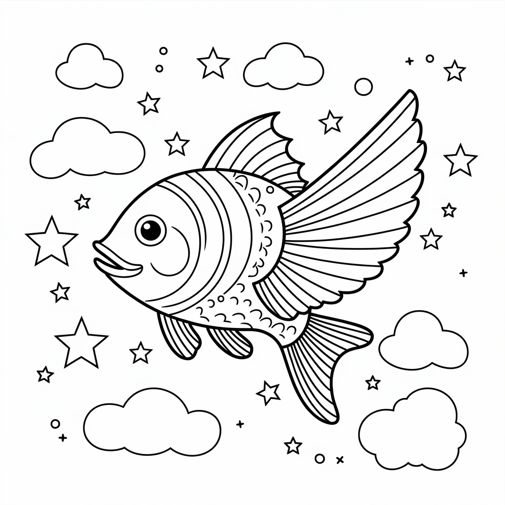 Fantasy Fish with Wings Coloring Page 