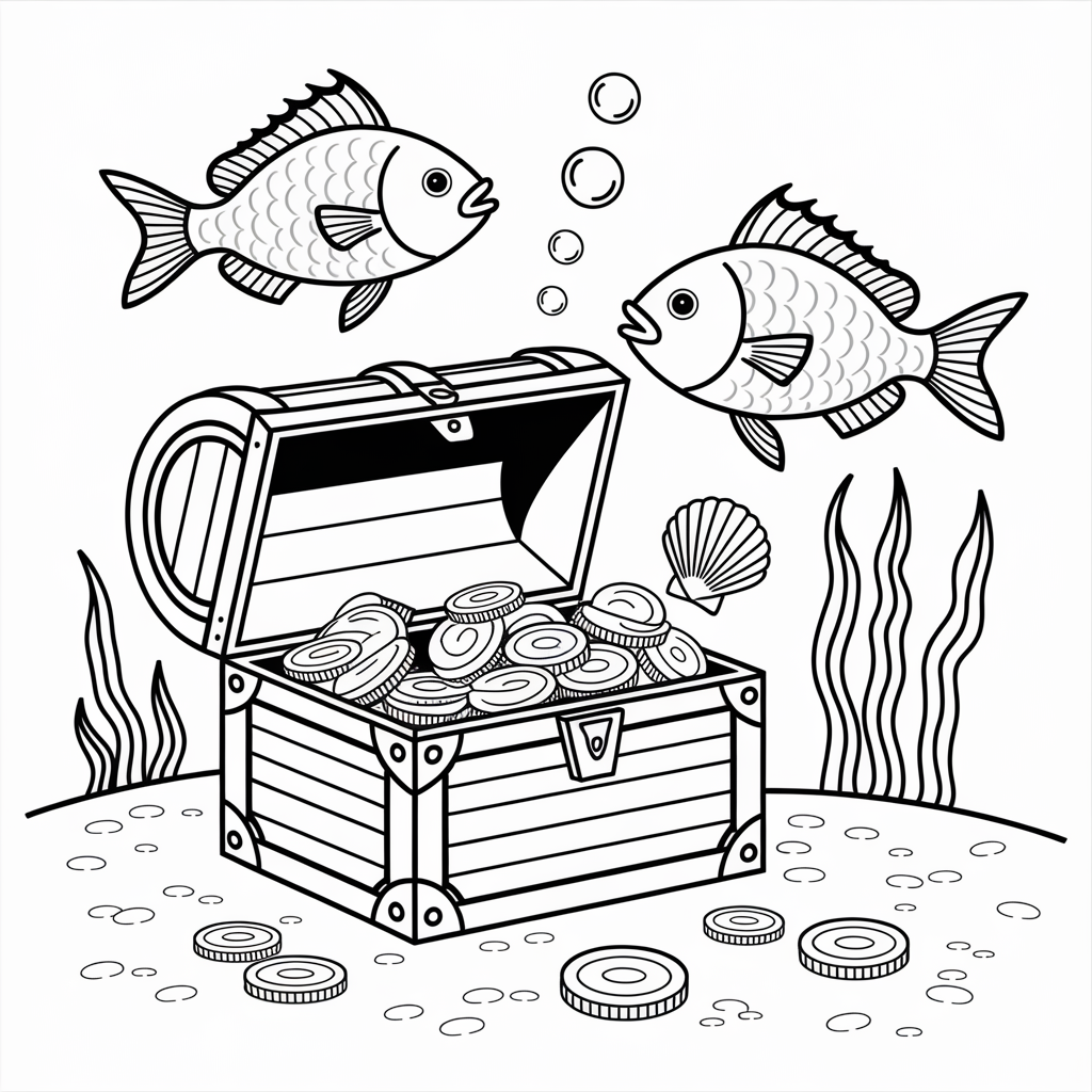 Fish with Treasure Chest Coloring Sheet