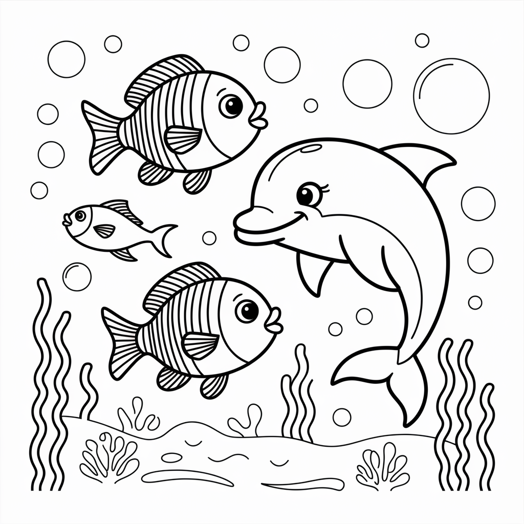 Rainbow Fish and Dolphin Coloring Pages