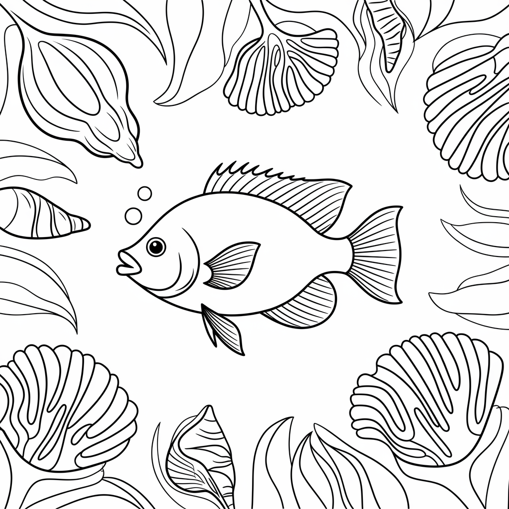 Rainbow Fish with Seashell Border Coloring Page