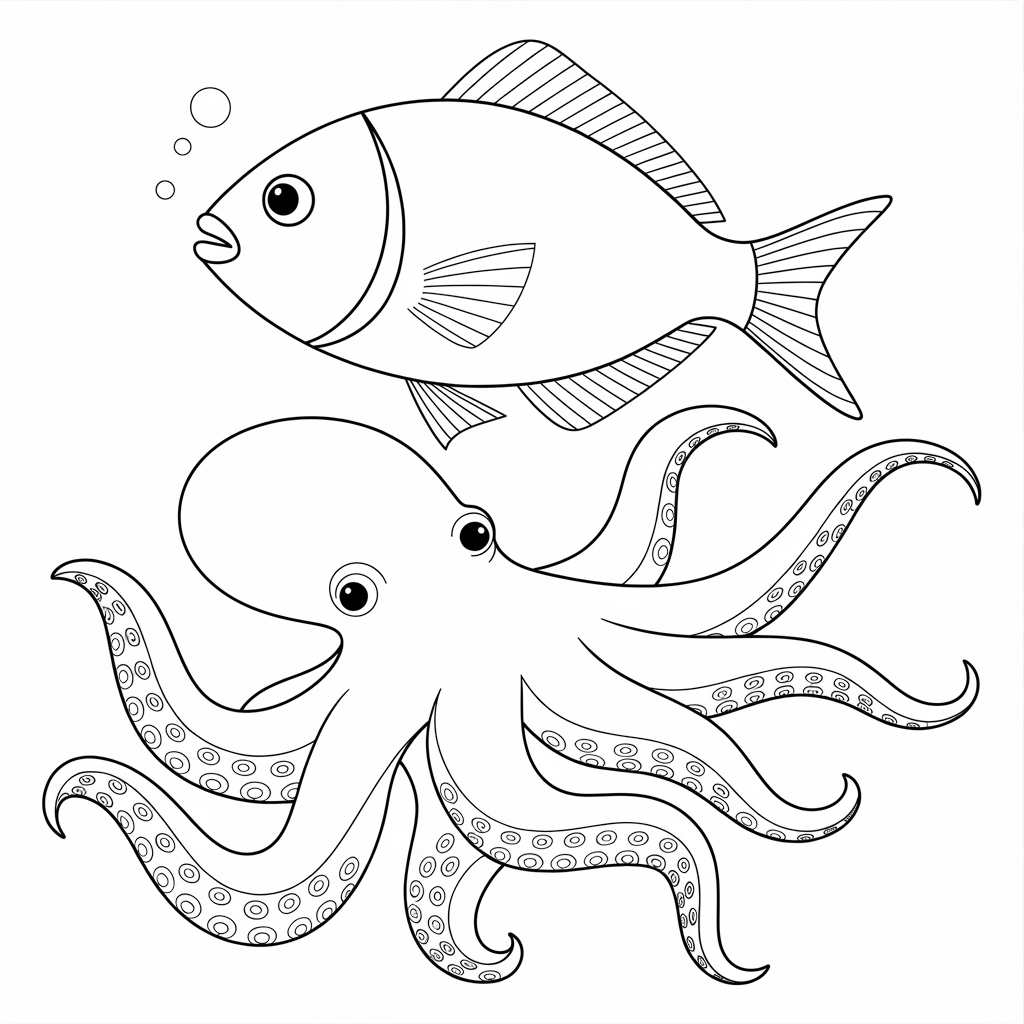 Rainbow Fish and Octopus Coloring Pages 