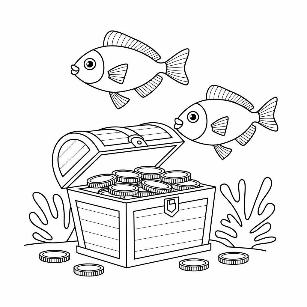 Rainbow Fish with Treasure Chest Coloring Pages
