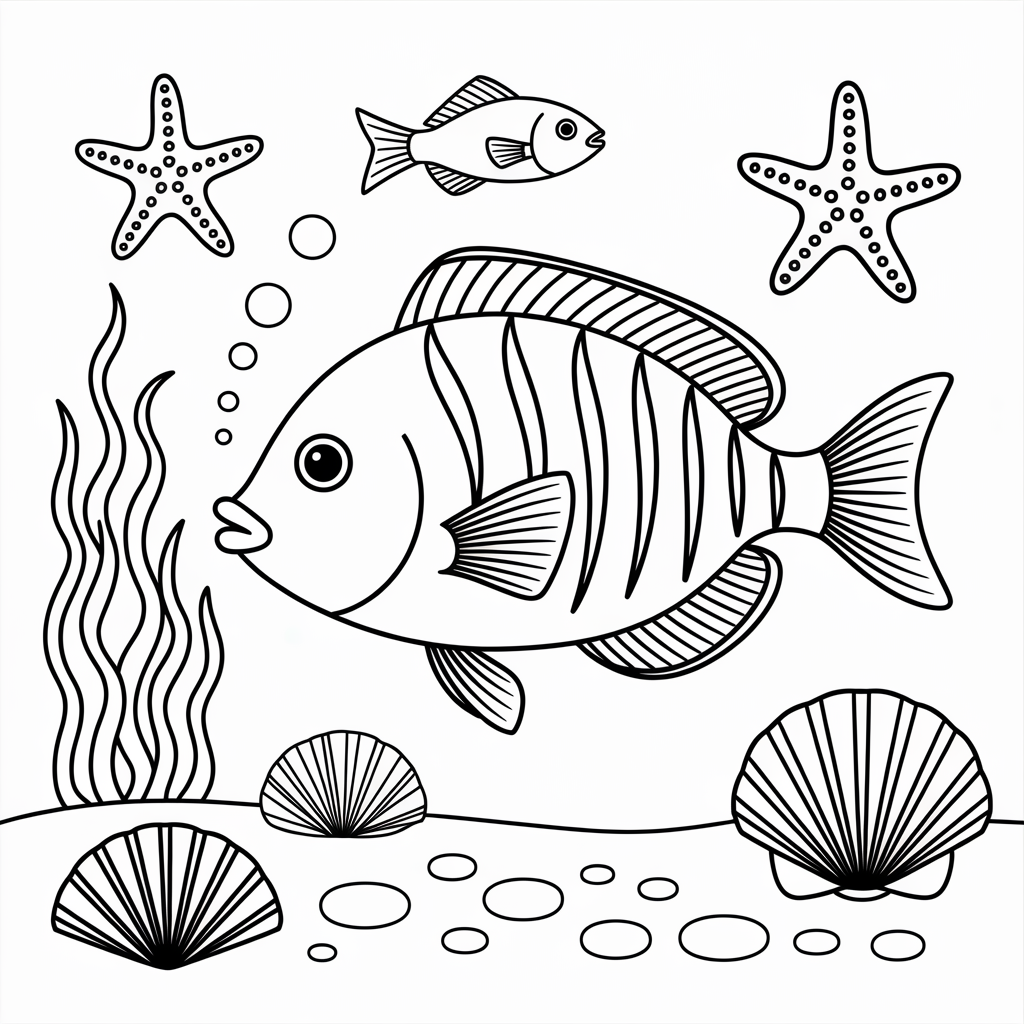 Rainbow Fish with Starfish Coloring Pages 