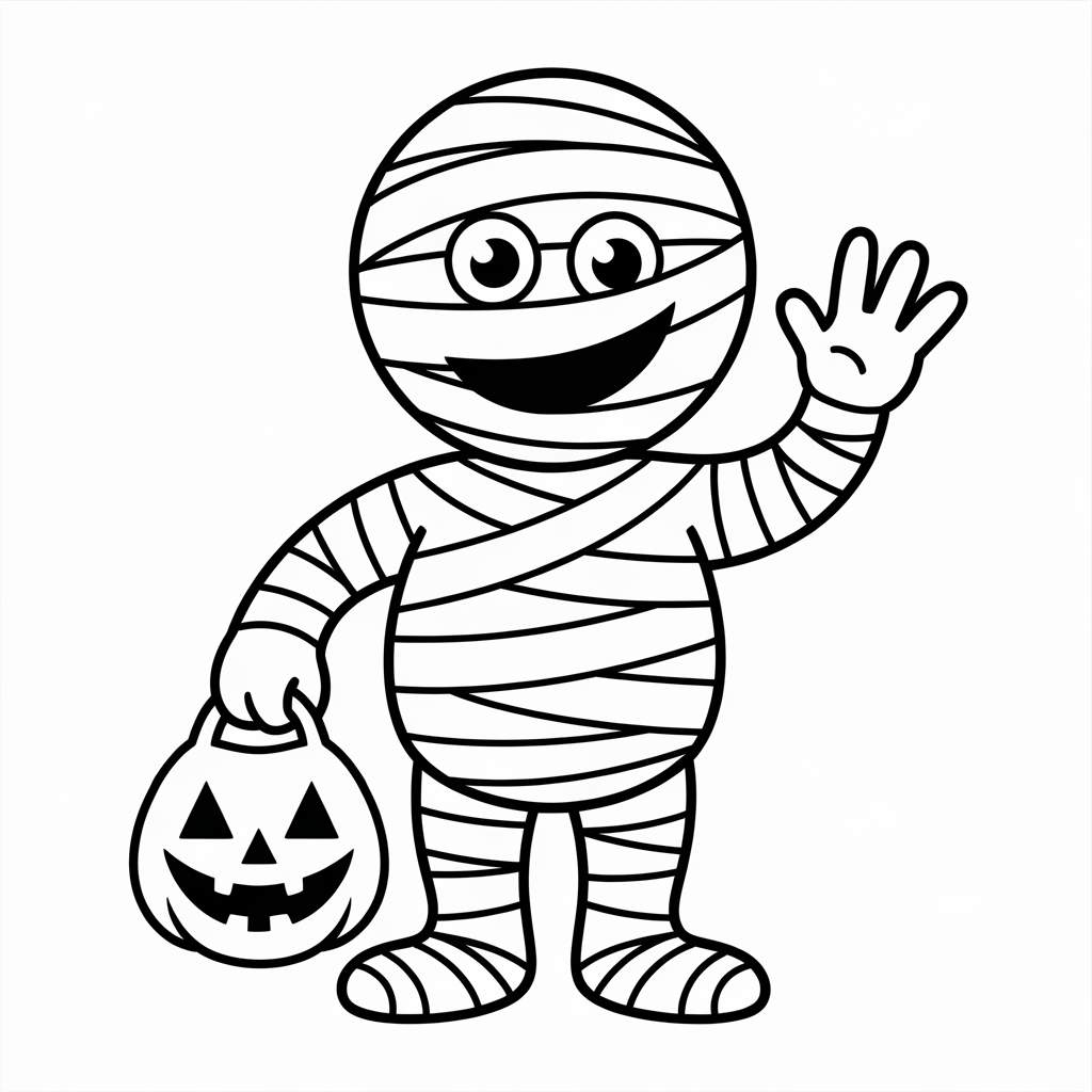Cute Mummy Holding Candy Easy Halloween Coloring Pages Printable