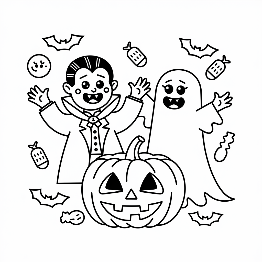 Vampire and Ghost Playing Together Coloring Page – Free Kids Halloween Activity