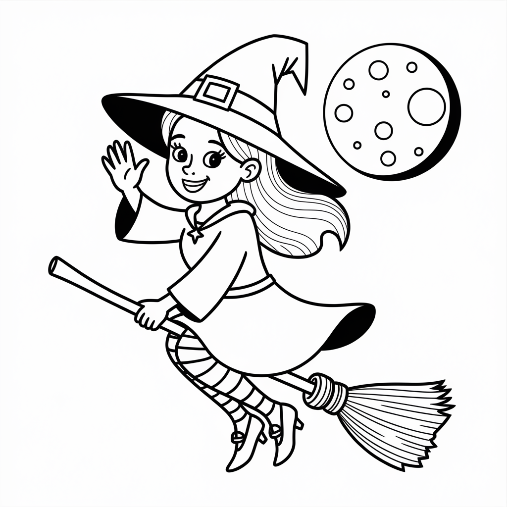 Free Happy Witch on a Broom Easy Halloween Coloring Page
