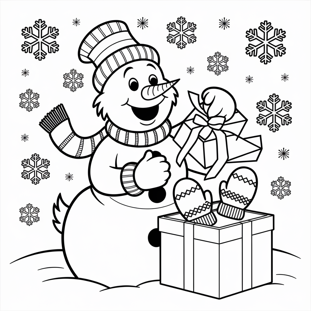 Frosty the Snowman Opening a Present Coloring Page Free to Print