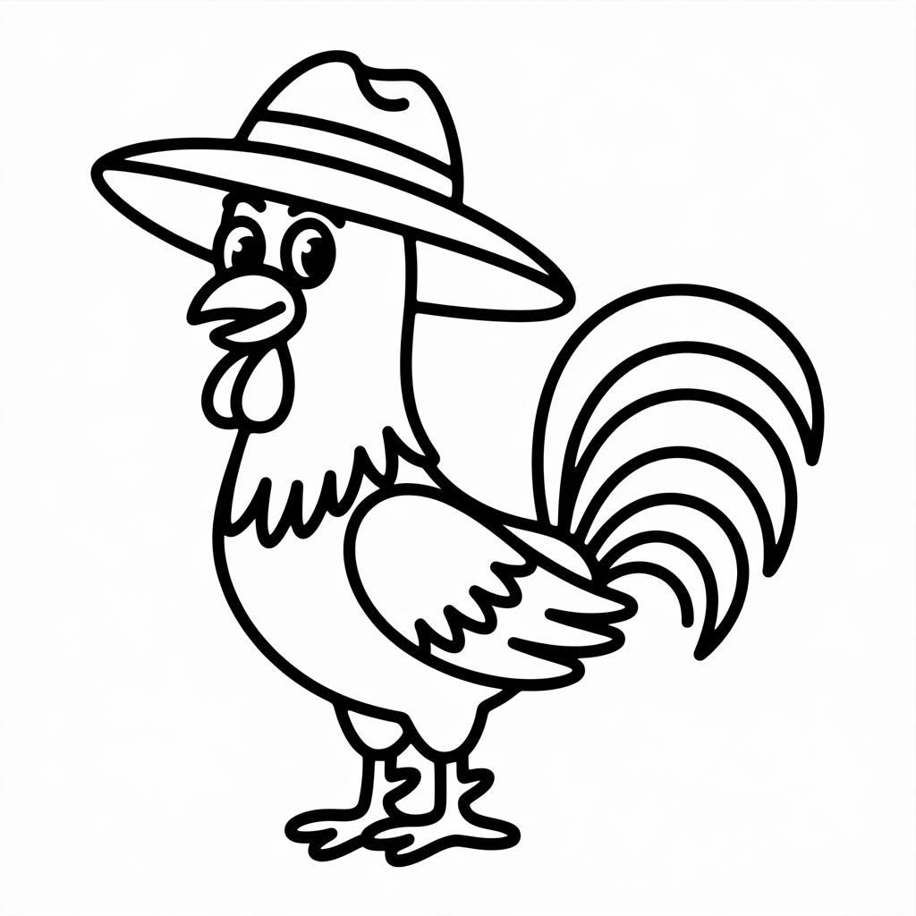 Cartoon Rooster with Hat Coloring Pages