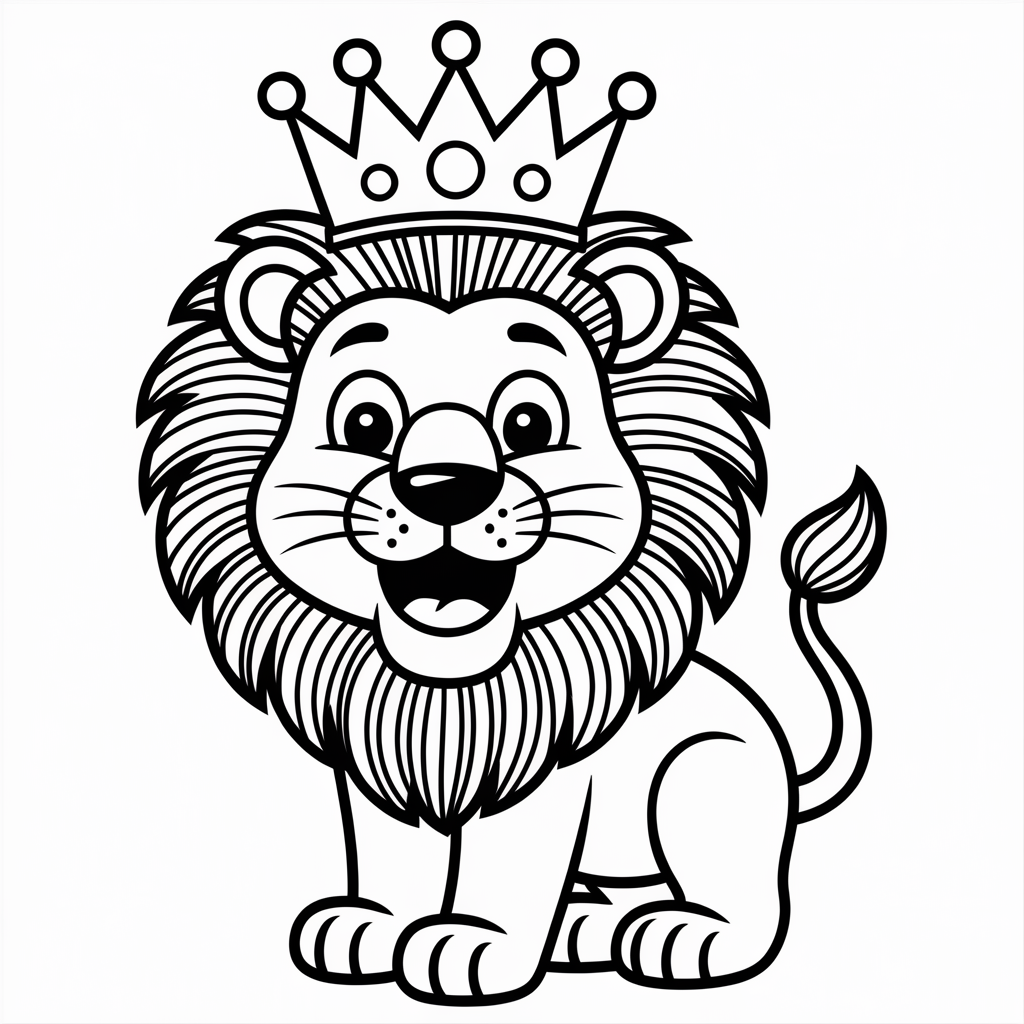 Funny Lion with Crown Coloring Page