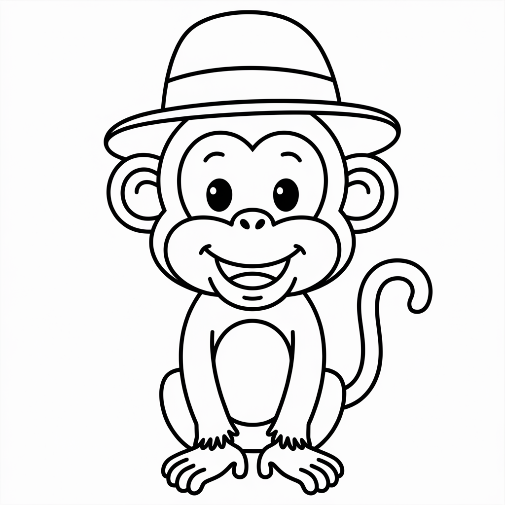 Funny Monkey Wearing a Hat Coloring Page 