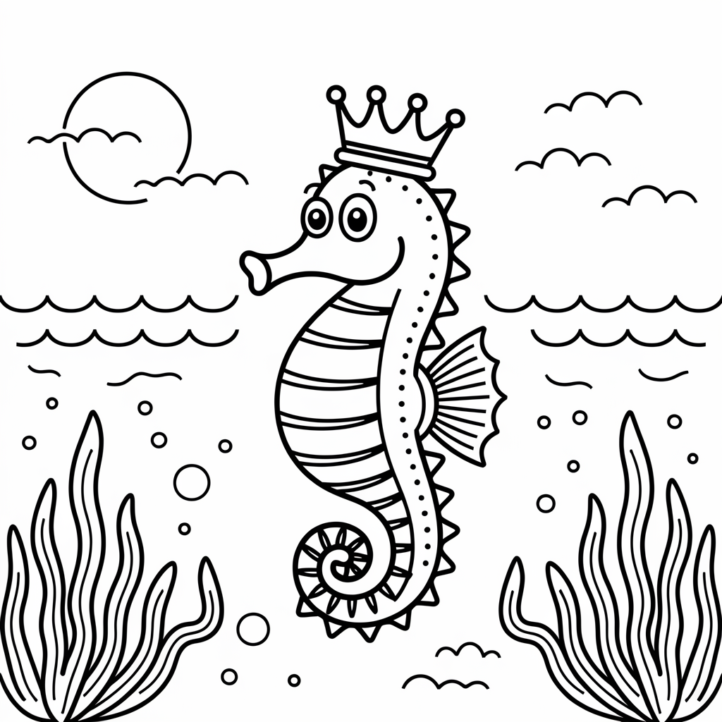Funny Seahorse Coloring Pages with Crown