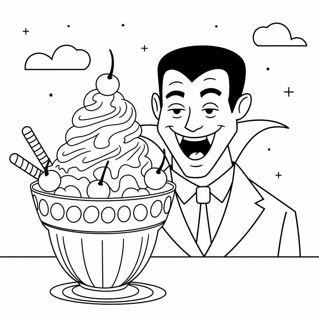 Funny Vampire with Ice Cream Sundae Coloring Page