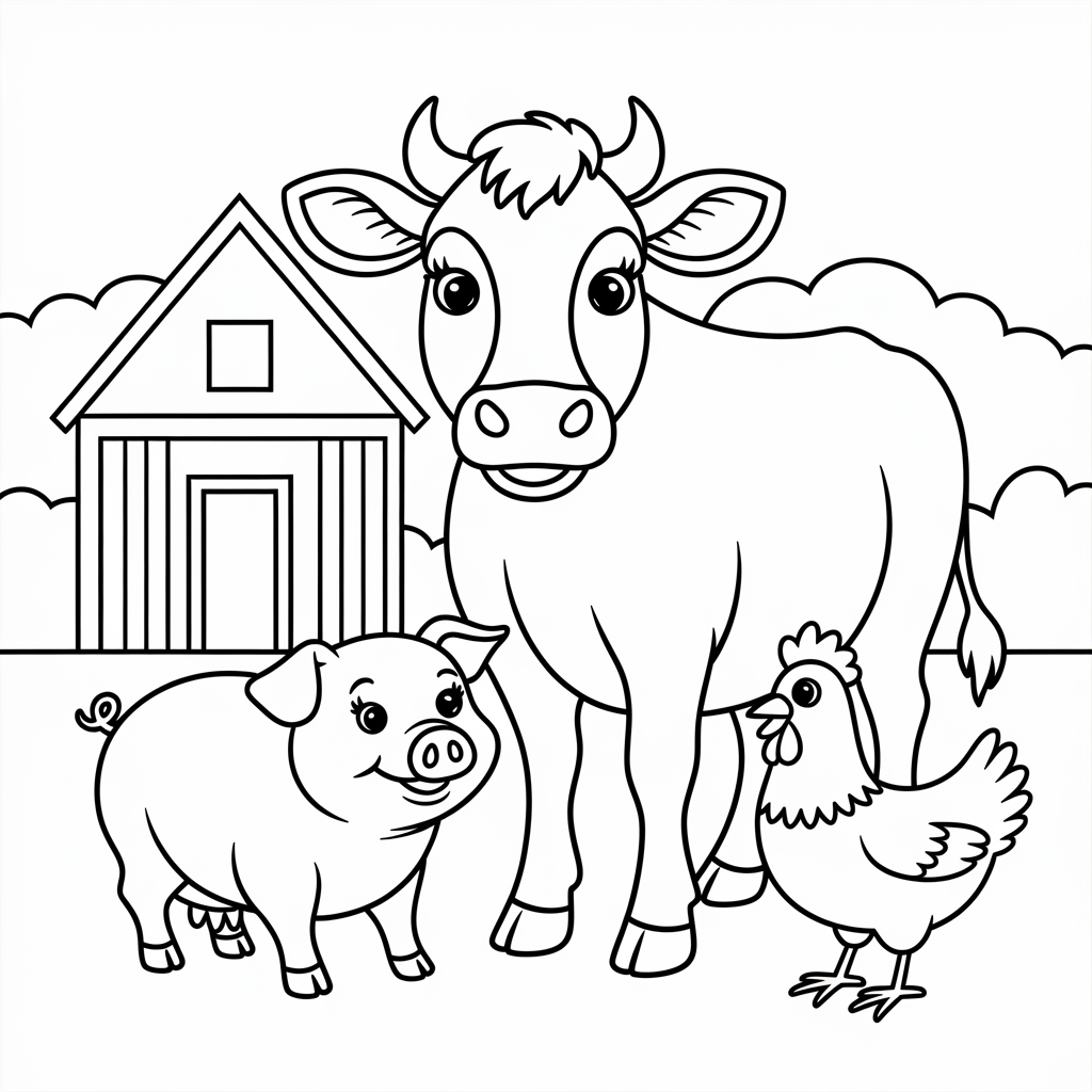 Cow with Farm Friends Coloring Page