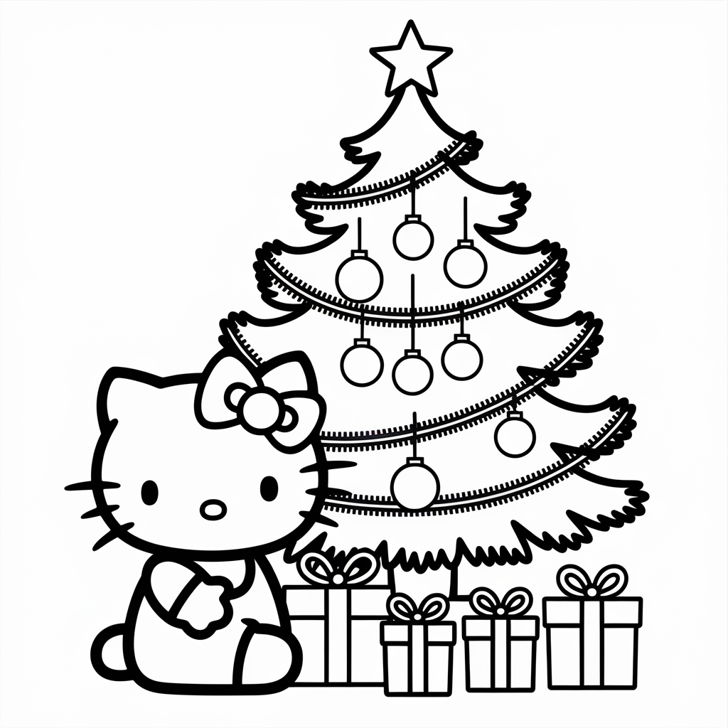 Hello Kitty Opening Presents Christmas Coloring Page