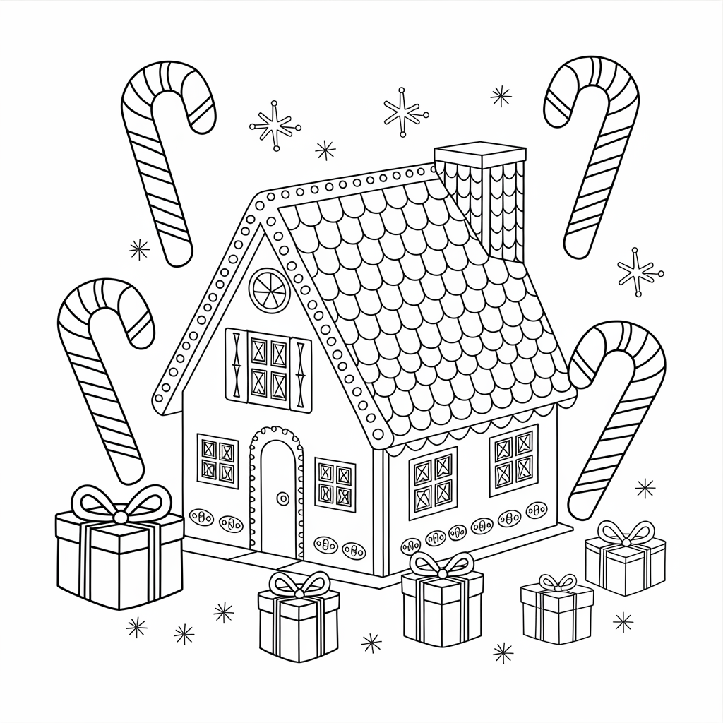 Gingerbread House with Christmas Present Boxes Coloring Page Free