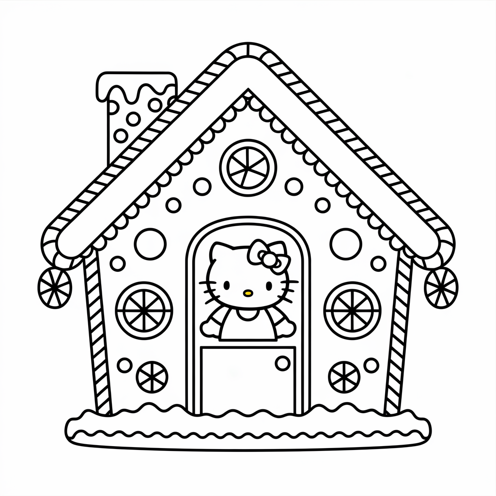 Cute Gingerbread House Hello Kitty Christmas Coloring Pages