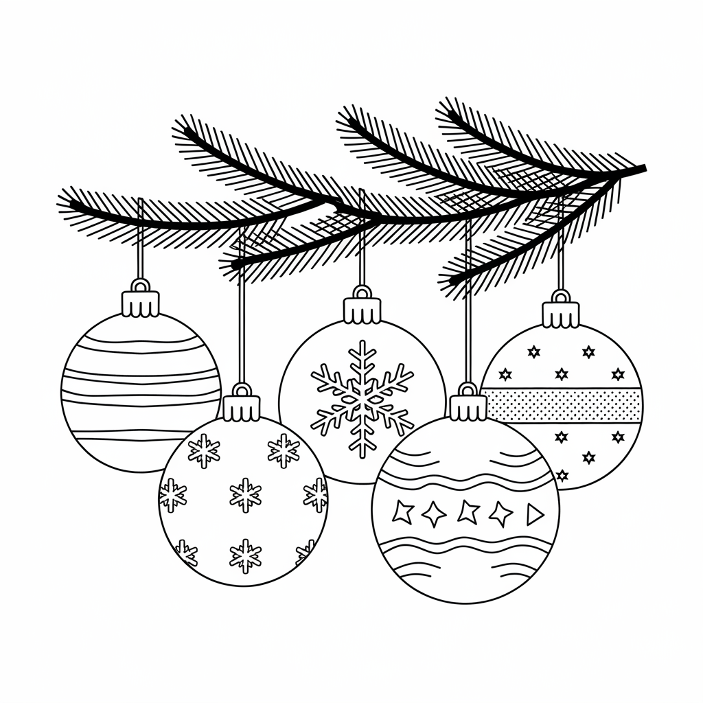 Group of Hanging Ornaments Christmas Coloring Page Printable