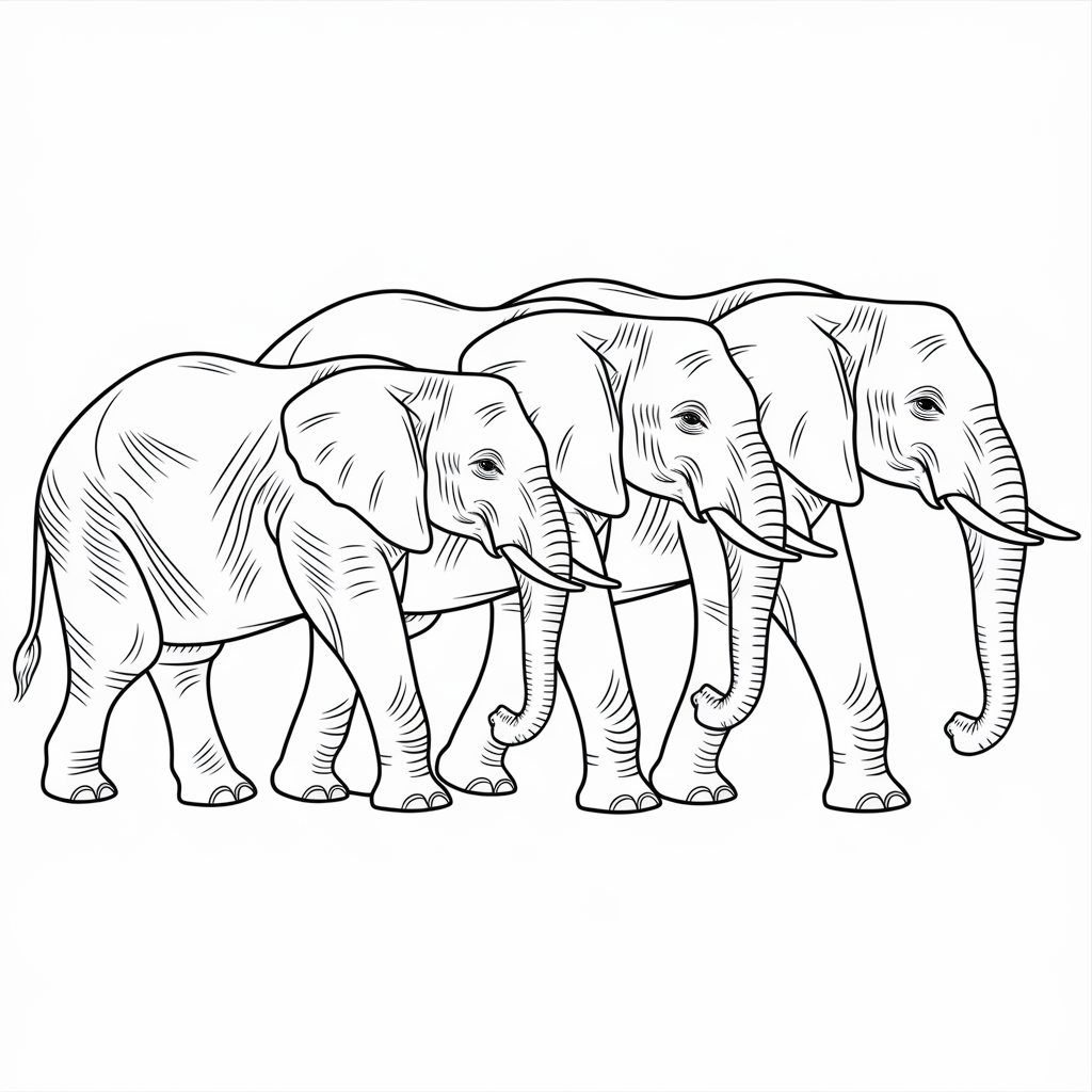 Group of Three Elephants Coloring Sheet for Children