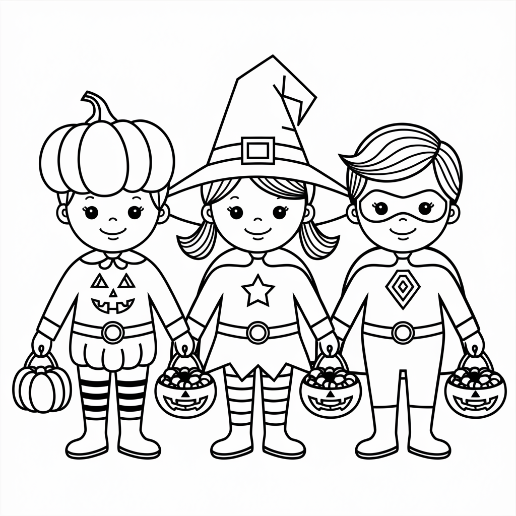 Trick-or-Treat Costumes Easy Halloween Coloring Pages for Children