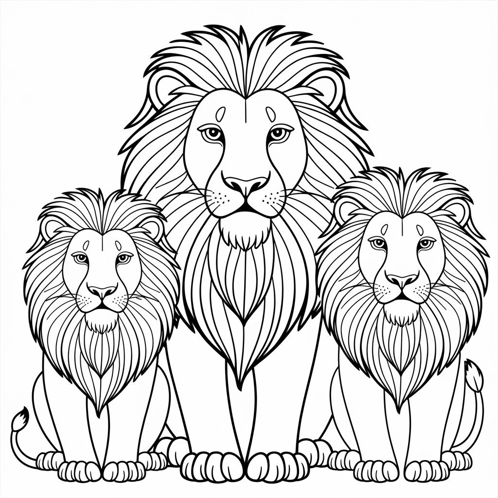 Group of Three Lions Coloring Page