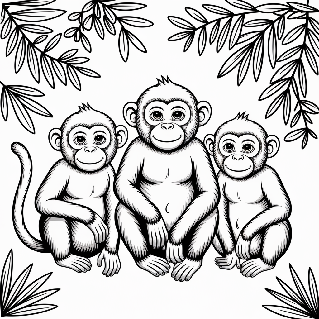 Group of Three Monkeys Coloring Sheet
