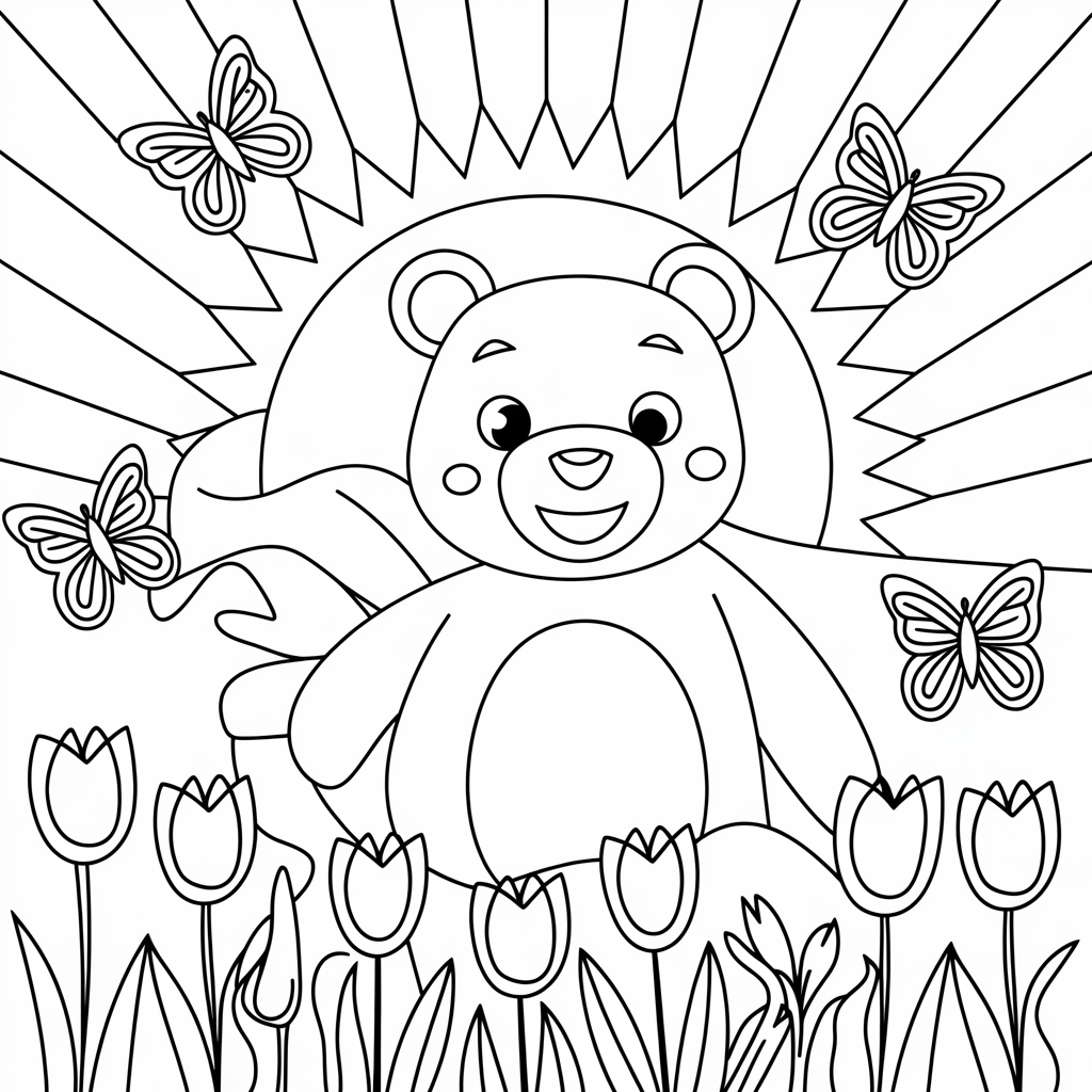 Springtime Bear with Butterflies Coloring Page 
