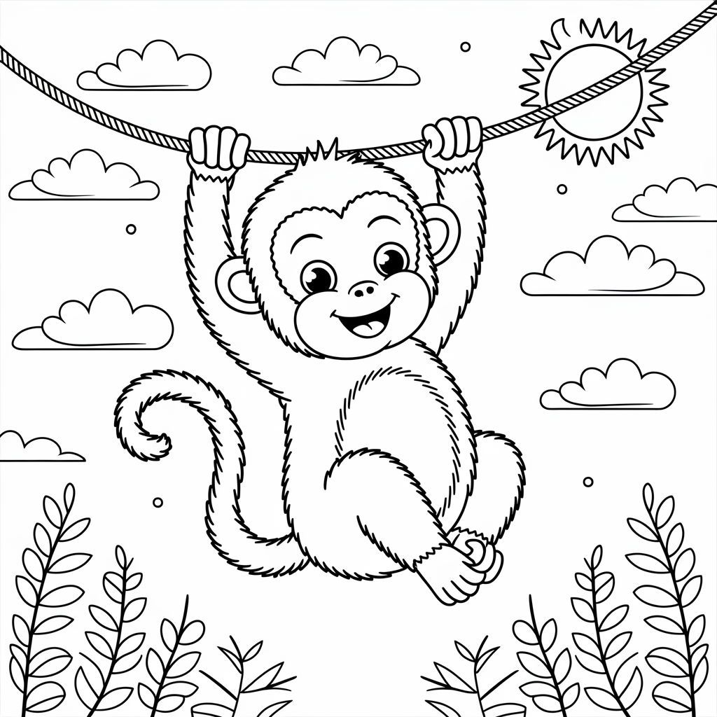Happy Monkey Swinging on a Vine Coloring Sheet for Kids