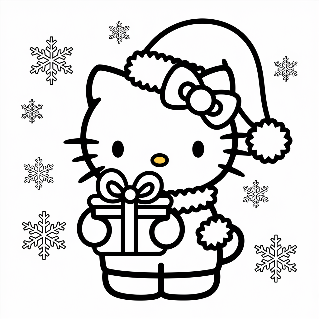 Cute Hello Kitty Christmas Coloring Pages with Santa Hat