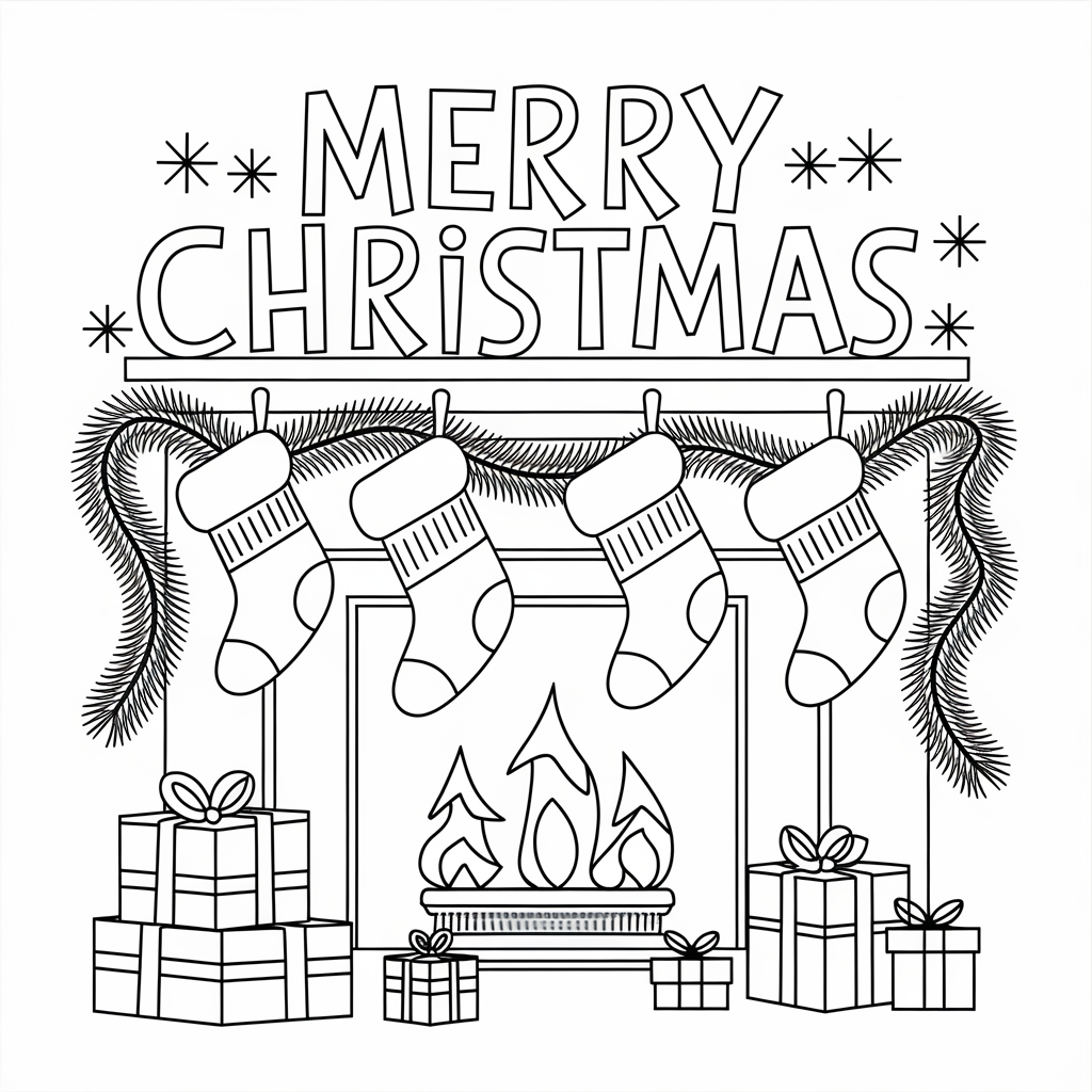 Cozy Fireplace Merry Christmas Coloring Pages for Coloring Fun