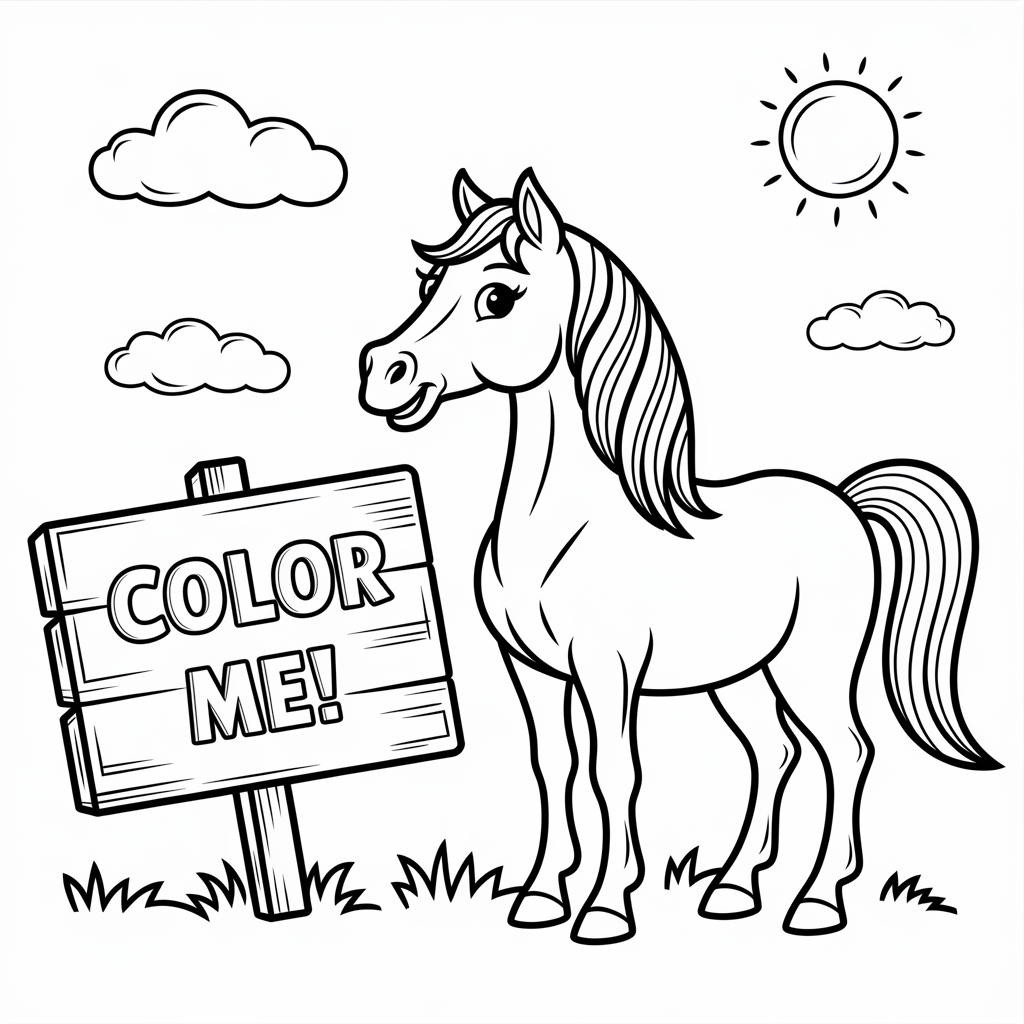 Horse with Wooden Signboard Coloring Sheet for Kids