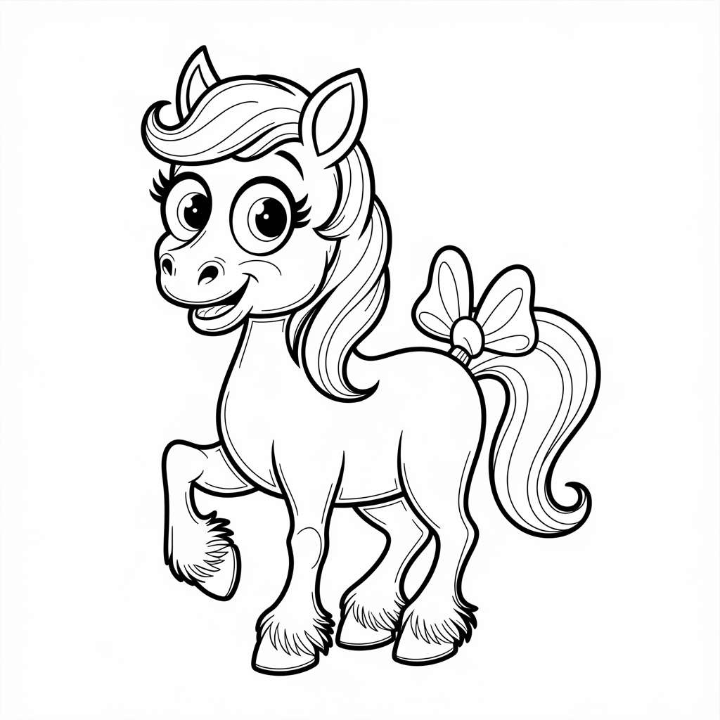 Cute Horse with Bow Tail Coloring Page for Kids